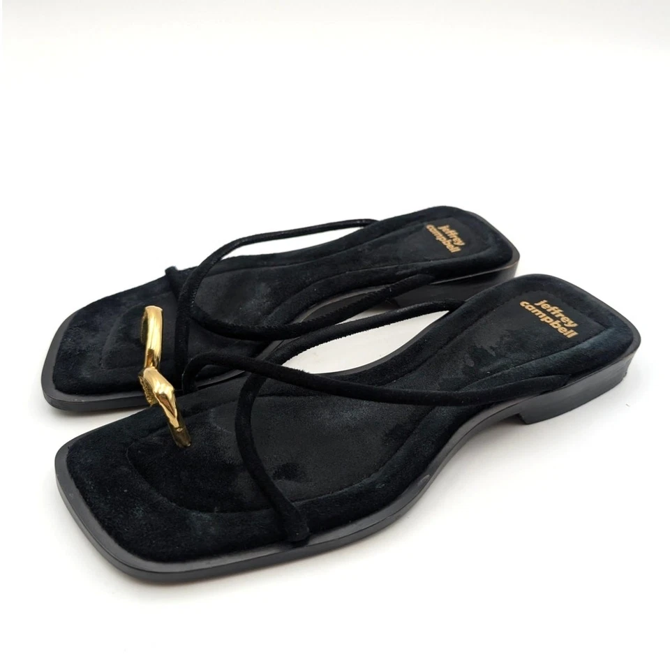 Sandalia Jeffrey Campbell Islander Slide para mujer gamuza negra/dorada talla US5 EU36 Foto 1 de 4