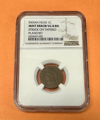 Indian Head Cent – NGC VG8 BN – Mint Error: Struck on Tapered Planchet - Image 1 of 4
