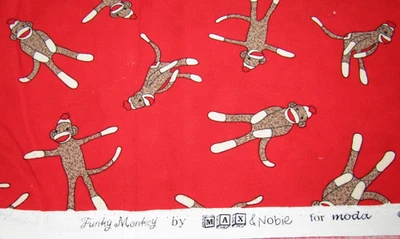 FUNKY MONKEY BY MAX & NOBIE FOR MODA FABRIC 30" X 44" RED SOCK MONKEY - Image 1 of 4