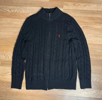 Suéter Polo Ralph Lauren Tejido con Cable Cremallera Completa Negro Rojo Poni Talla XL Se Ajusta a S-L Foto 1 de 4