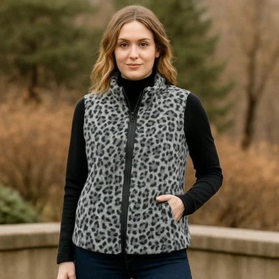 Reversible Leopard Zip Vest Faux Fur Size L Black Quilted Trendy Cozy Layering - Image 1 of 4