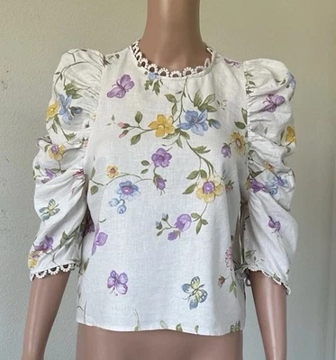 Top para mujer Laura Ashley mezcla lino botones mangas abullonadas bordado talla mediana Foto 1 de 4