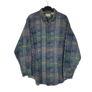 L.L.BEAN Blue Check Shirt Vintage 90s Made in USA Chamois Aztec Long Sleeve - Picture 1 of 5