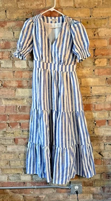 Boden Anna Linen Tiered Midi Dress - Blue/White - Size 6L - Image 1 of 4