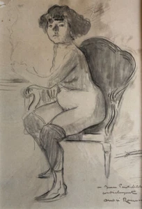 André Rouveyre — nu assis fumant une cigarette — fusain & mine de plomb signé - Picture 1 of 8