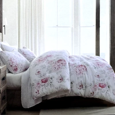 Juego de 3 piezas Brooks Brothers Rosa Rosas Floral KING Edredón Falso Lino Mezcla Algodón NUEVO Foto 1 de 4