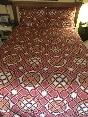 Pottery Barn Set Full/Queen Organic Duvet 2 Shams Coral Red Geometric Design - Image 1 of 4