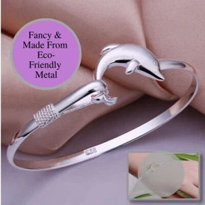 925 Sterling Silver Plated Fun Hypoallergenic Dolphin Tail Hook Bangle Bracelet - Picture 1 of 5