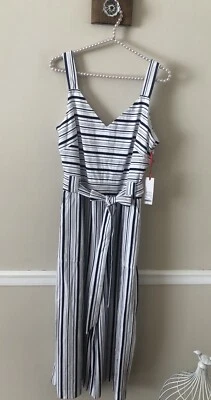 Nuevo con etiquetas Mameluco a rayas azul blanco Elle para mujer talla M sin mangas bolsillos pierna ancha Foto 1 de 4