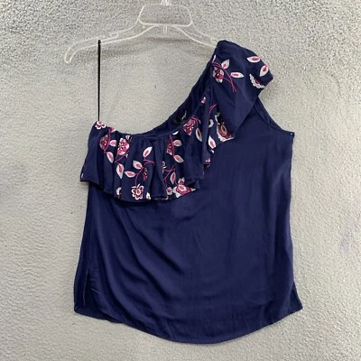 Aqua Women One Shoulder Navy Blue Floral Ruffle Sleeveless Blouse Top NWT Size M - Image 1 of 4