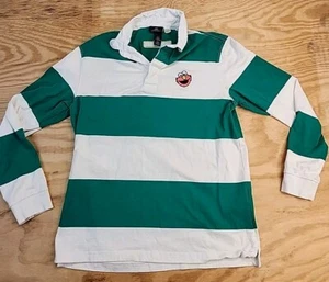 Sesame Street Elmo Logo Green Striped Long Sleeve Polo Shirt Mens Medium Cotton - Picture 1 of 9