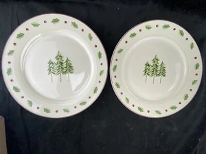 2 Merry Brite Holiday Home Dinner Plates Christmas Trees Holly China 11” - Picture 1 of 3