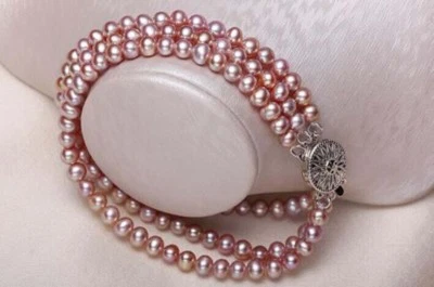 Pulsera 3 Hilos Natural 9-10mm Mar del Sur Lavanda Púrpura Perla 7.5-8 Pulgadas 925s Foto 1 de 4