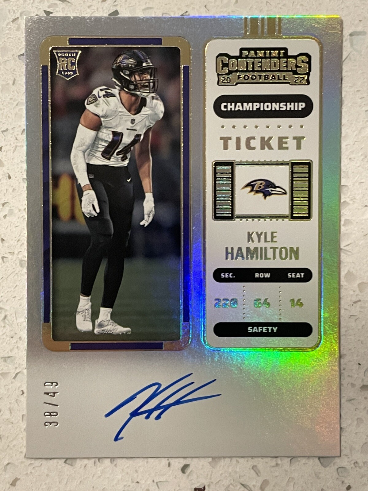 2022 Panini Contenders Kyle Hamilton Championship Ticket RC On Card Auto #ed /49