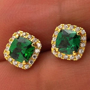 1.85Ct CZ & Emerald 14K Yellow Gold Square Halo Stud Earrings 6mm - Picture 1 of 5