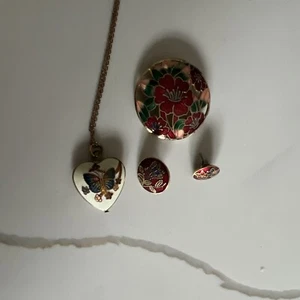 Vintage Cloisonné Jewellery Set Necklace Earrings Brooch - Picture 1 of 7
