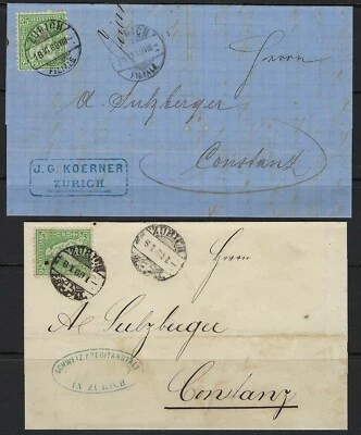 ШВЕЙЦАРИЯ 1869 ДВА ОБЛОЖКИ ОТ ЦЮРИХА ДО КОНСТАЗА ФРАНКИРОВАННЫЕ 25c СИНЕ-ЗЕЛЕНЫЕ - Изображение 1 из 2