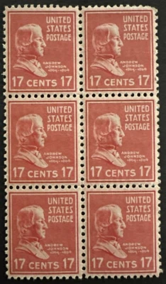 US 1938 Scott # 822 - Andrew Johnson - Block Of 6 - MNH OG - Image 1 of 2