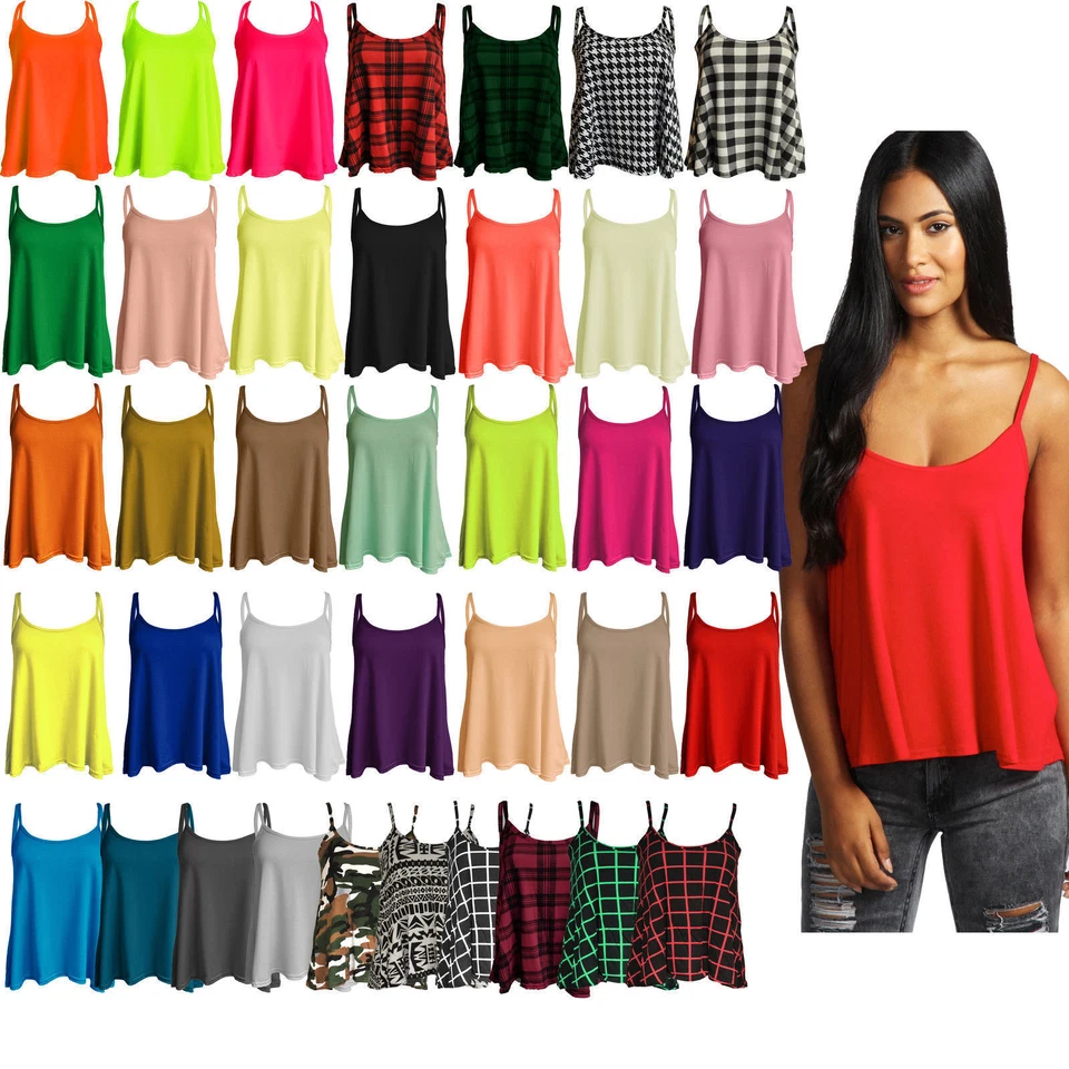 Womens Ladies New Plus Size Cami Plain Strappy Swing Vest Top Flared Sleeveless - Image 1 of 1