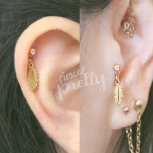 20g 16g Feather dangle chain cartilage earring gold helix tragus labret, 1pc - Picture 1 of 7