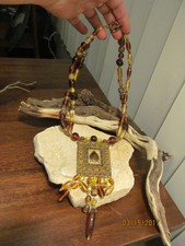 Vintage Gold Brass tone Egyptian Glass Amber Beaded Necklace