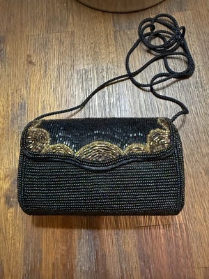 Black Barrel Beaded Evening Bag Clutch Purse Strap Formal Party Copper Gold - Image 1 of 4