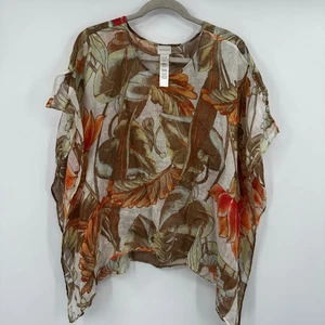 Chicos Leinen Tunika Top Blumenmuster V-Ausschnitt Oversize Poncho Style S M - Bild 1 von 9