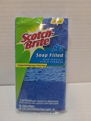 Scotch Brite Soap Filled Non-Scratch Scrub Sponges 1 Pack of 3 Sponges New