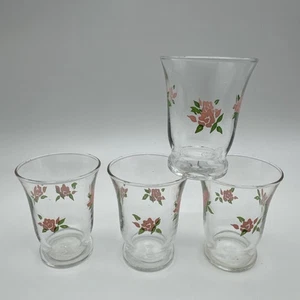 Set of 4 Libbey Pink and Green Roses Floral Flowers 3-1/8” Fluted Juice Glasses - Picture 1 of 6