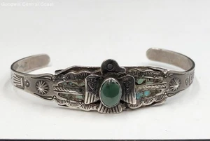 Sterling Silver Native American Style Cuff Bracelet W/ Turquoise - Picture 1 of 5