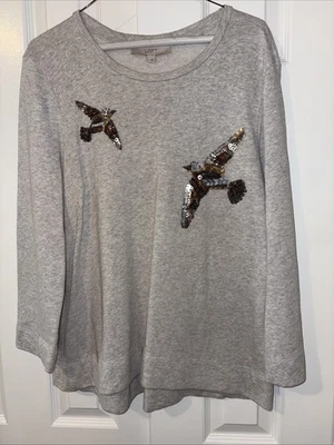 Loft Women's Gray Sweatshirt Bird Embellished Size L Preowned - Image 1 of 4