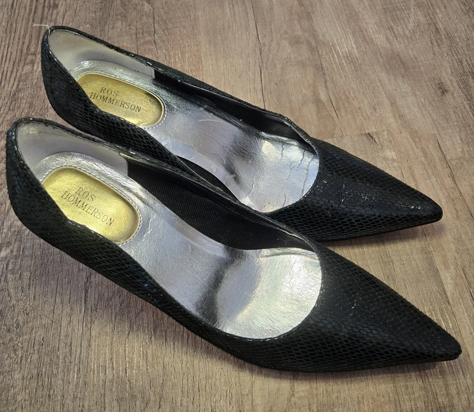 Zapatos de salón Ros Hommerson Roxy para mujer talla 9,5 M cuero negro borde vieira tacón de aguja Foto 1 de 4