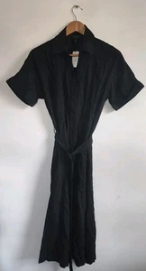 New Banana Republic Black Tie Waist Linen Cotton Fit & Flare Midi Shirt Dress M - Picture 1 of 12