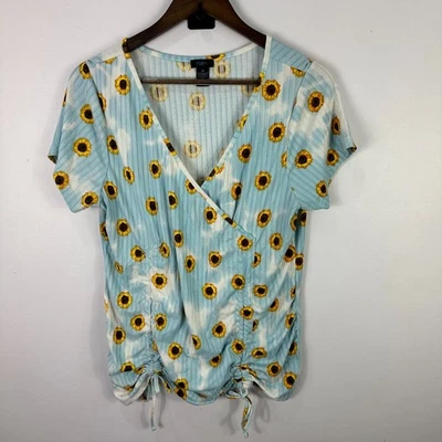 Rue+ Sunflower Print Top 2X Blue Cottagecore Ribbed Ruched Boho Retro 90s Fairy - Image 1 of 4
