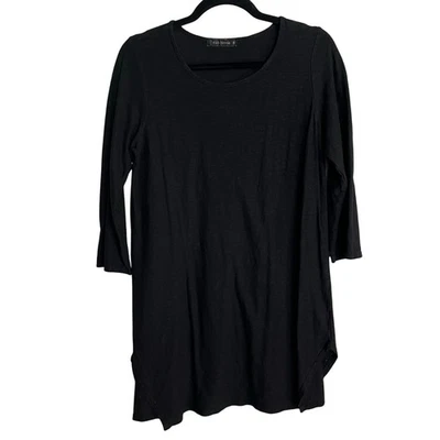 Camisa solta corte preta gola redonda túnica manga 3/4 slub algodão mistura de linho média - Imagem 1 de 4