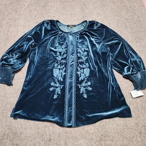 Calessa Top Womens 1X Petrol Blue Velvet Floral Embroidered Button Front Blouse - Picture 1 of 15