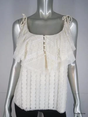 Top Camisola Anna Sui NUEVA Talla 8 M $350 Marfil Encaje Volantes Cuello Artista Floral Foto 1 de 4
