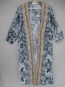 Inoa Cardigan Womens One Size Blue Beige Paisley Silk Embellished Longline Open - Picture 1 of 23