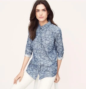 Ann Taylor LOFT SHADOW FLORAL SOFTENED SHIRT XS NWT #358567 Spring Chambray - Picture 1 of 2