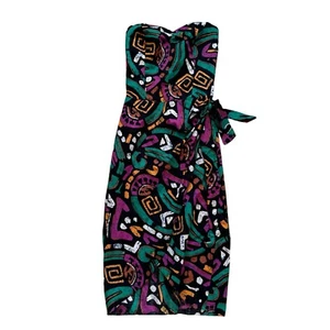 Vtg 80s All That Jazz Geometric Print Strapless Dress Wrap Style Black Multi 3 - Picture 1 of 12