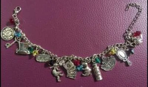 ALICE IN WONDERLAND CHARM BRACELET as shown Rabbit Hat Drink Cheshire Cat Clock - Picture 1 of 6