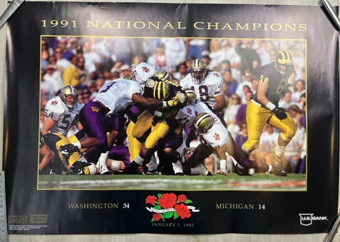 1991 National Championship Washington Huskies Football Rose Bowl Poster RARE Cover