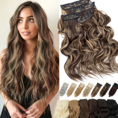 US Long Real Thick CLIP IN HAIR EXTENTIONS FULL HEAD 4 Pieces As Human Hair Wavy - Image 1 of 4