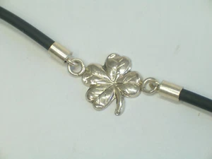 Four-Leaf: Bracelet Silver 925 And Rubber With Good Luck Charm - Bracelet - Picture 1 of 5