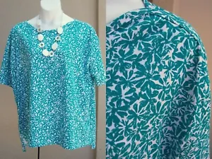 Woman Within NEW teal floral top shirt plus size 2x 26 28 3x cotton knit blouse - Picture 1 of 10