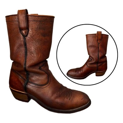 Vintage HyTest Cowboy Boots  70s Brown Tooled Leather Steel Toe Boot - Mens 8C - Image 1 of 4