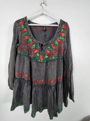 Top túnica bordada floral Sacred Threads para mujer L/XL gris manga larga boho Foto 1 de 4