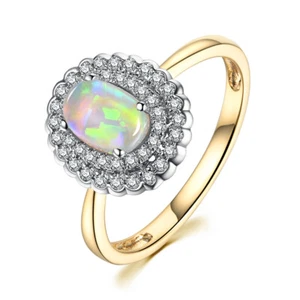 Oval Opal Genuine Diamond Ring 14K Yellow Gold & White Gold Wedding Party - Picture 1 of 9