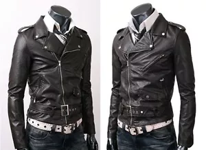 Chaqueta de Cuero Negro Calce Ajustado para Hombre Vintage con Cinturón con Cinturón de Ciclista - Imagen 1 de 2