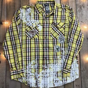 Raw Blue Button Up Plaid Distressed Mens Shirt Size XL Yellow Black Orange - Picture 1 of 6